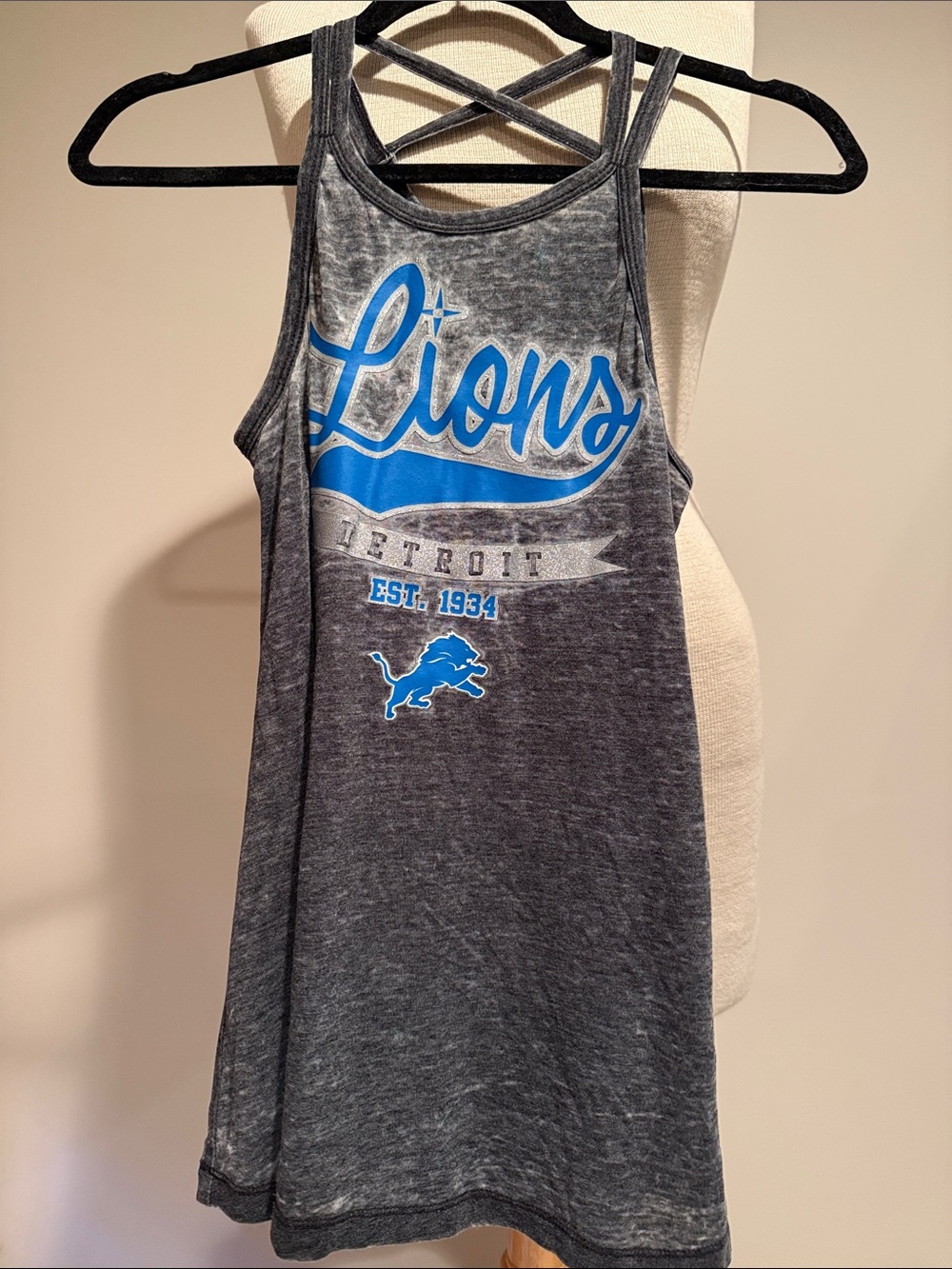 NFL Gray Strappy Tank Top with Blue Lions Logo
